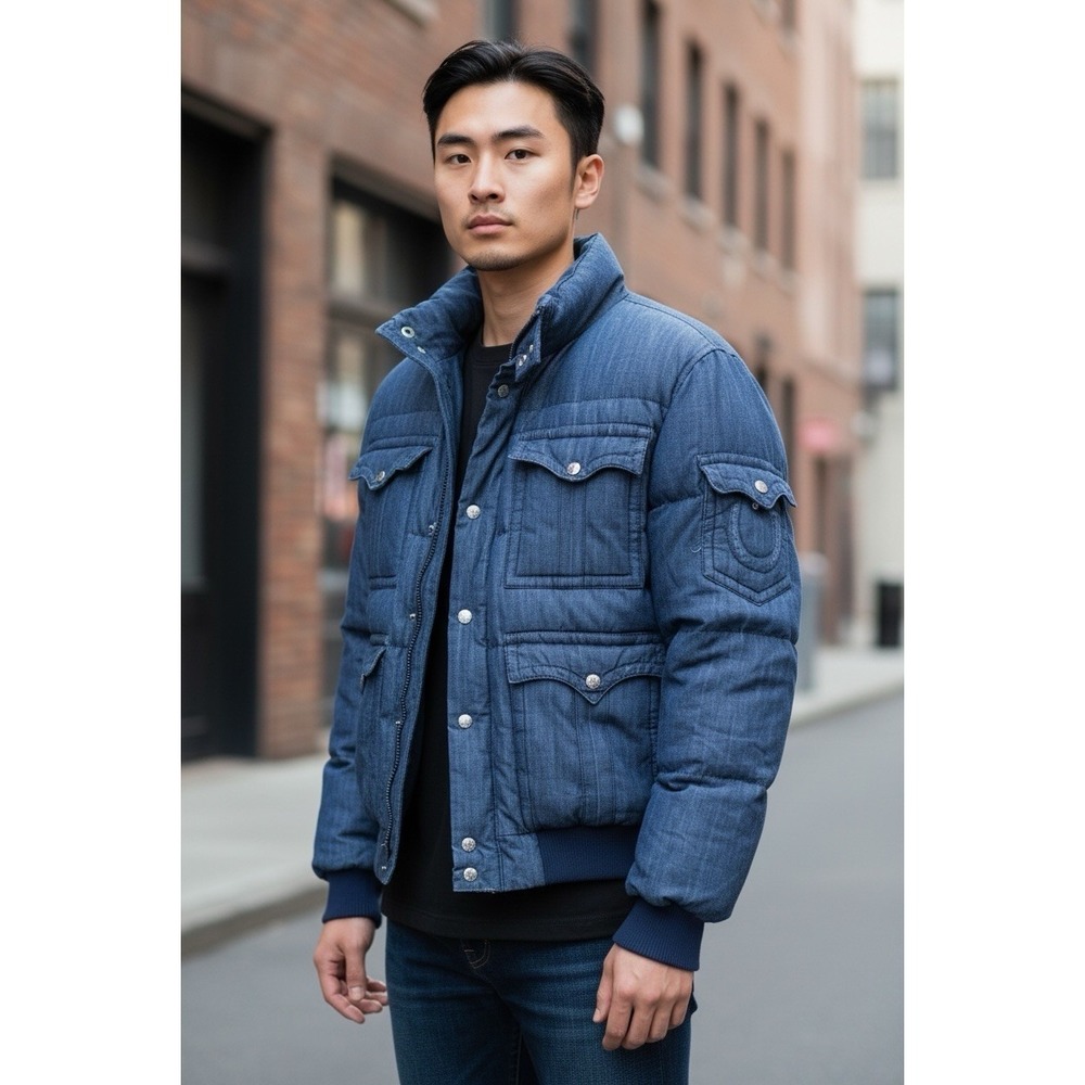 True Religion Mens Down Denim Puffer Jacket Blue XXL M079E50YA